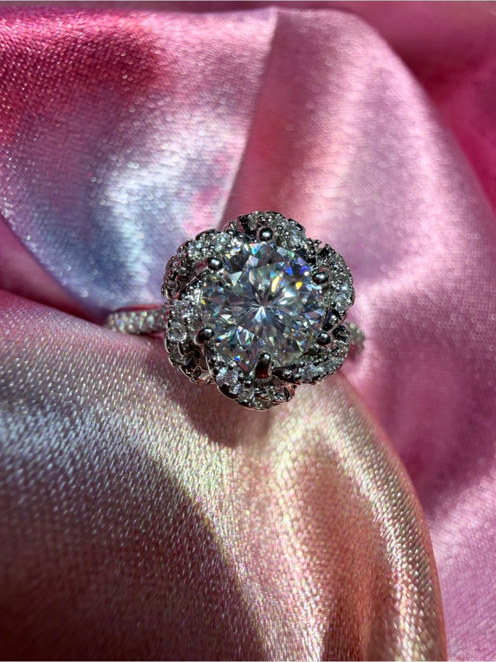New 1 Carat Moissanite Ring with floral Halo accents and Pave' Band - Picture 7 of 13